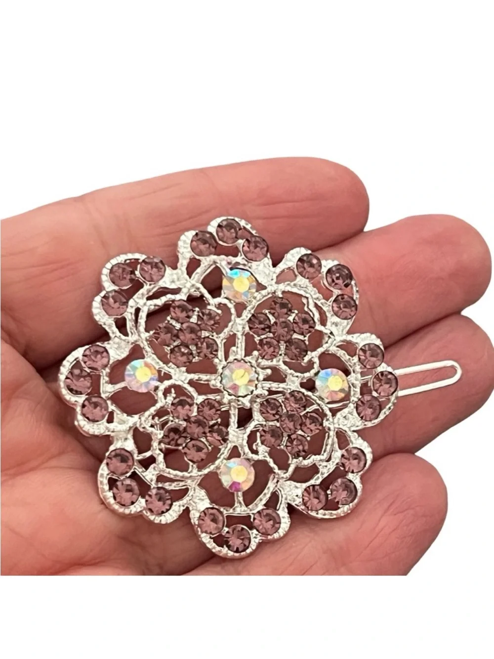 Rhinestone Floral Hair Clip - Pink Crystal Accent FINAL PRICE DROP